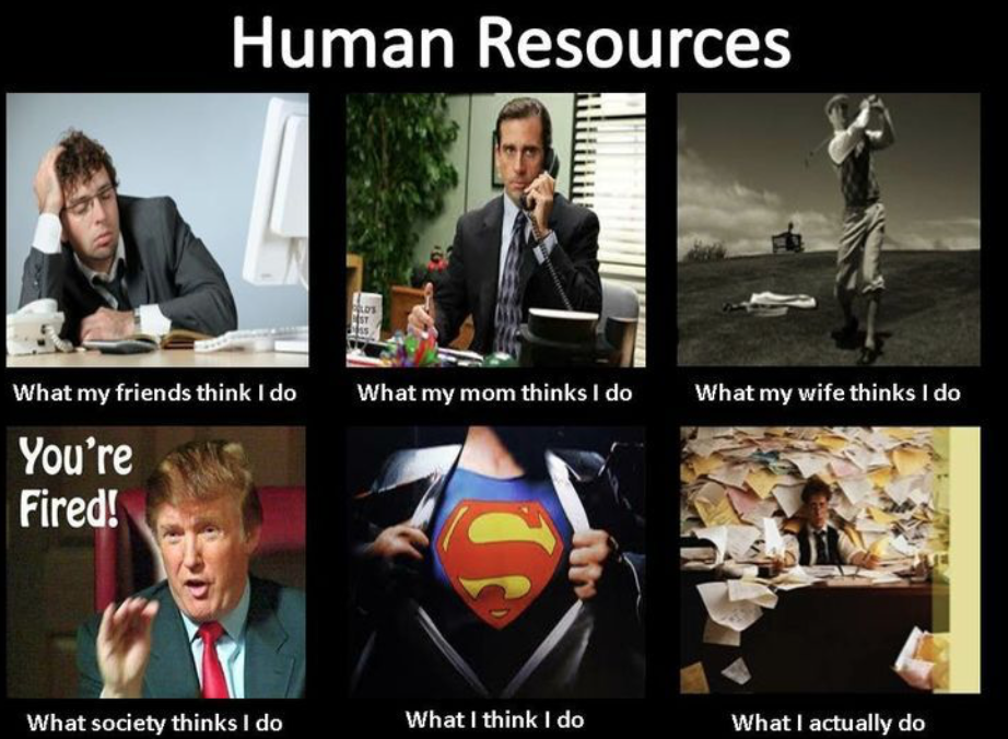 A collage of different pictures and memes about Human Resources work