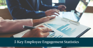 A clipboard with graphs and text reading "5 Key Employee Engagement Statistics"