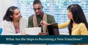 People in a business meeting with text reading "What Are the Steps to Becoming a New Franchisee?"
