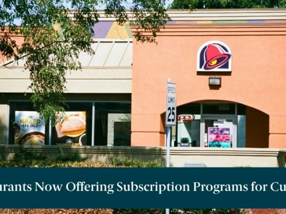 A banner reading "3 Restaurants Now Offering Subscription Programs for Customers" sits in front of a Taco Bell restaurant