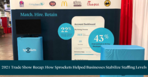 Sprockets' booth at one of the trade shows we attended in 2021 with text reading: 2021 Trade Show Recap: How Sprockets Helped Businesses Stabilize Staffing Levels