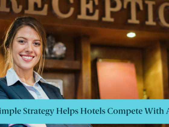 A hotel receptionist and text reading "This Simple Strategy Helps Hotels Compete With Airbnb"