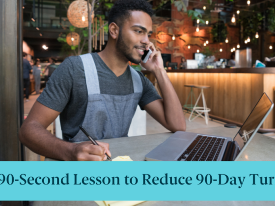 A restaurant worker on a laptop and text reading "Your 90-Second Lesson to Reduce 90-Day Turnover"