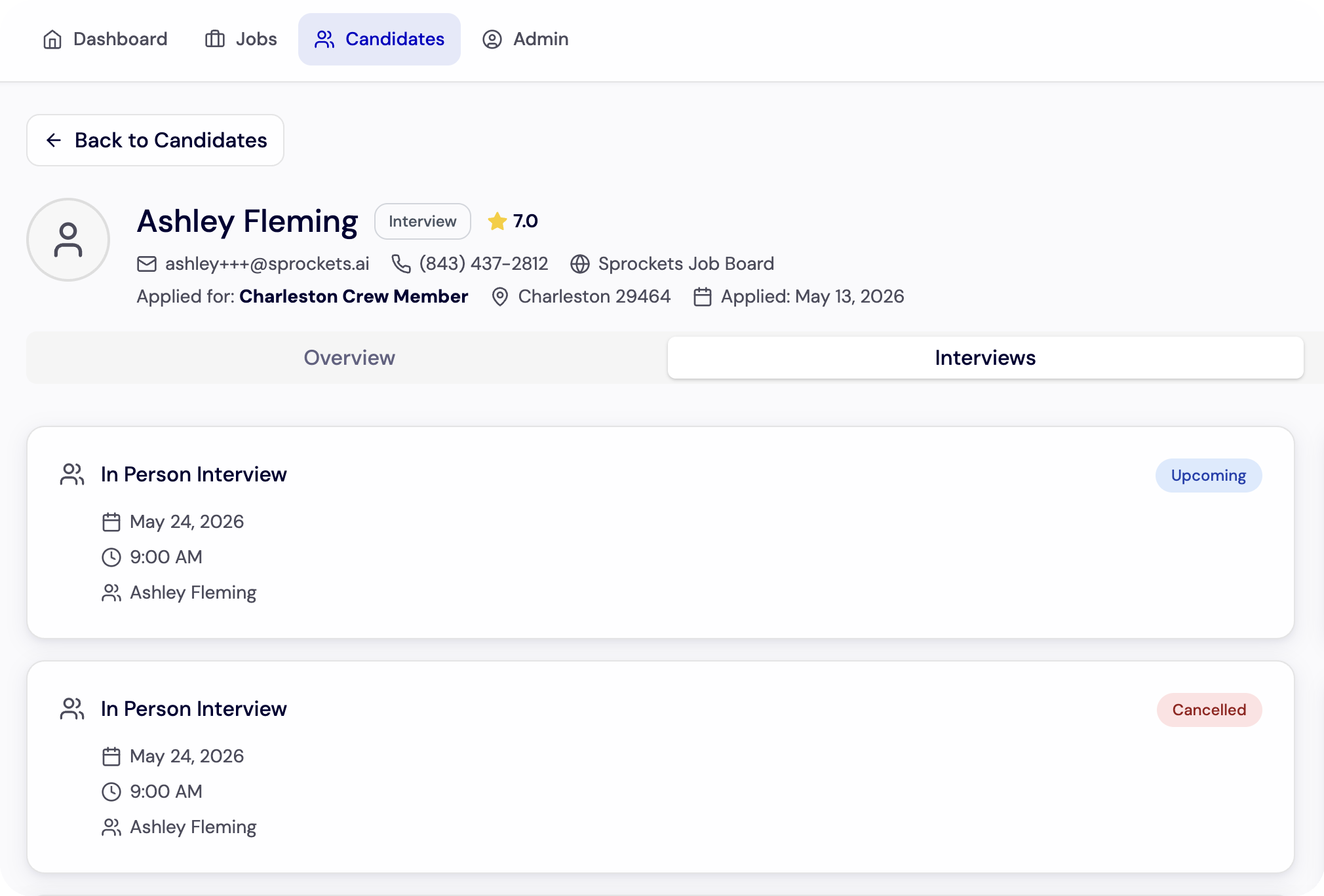 Candidate Profile Interviews Tab: Upcoming and Cancelled