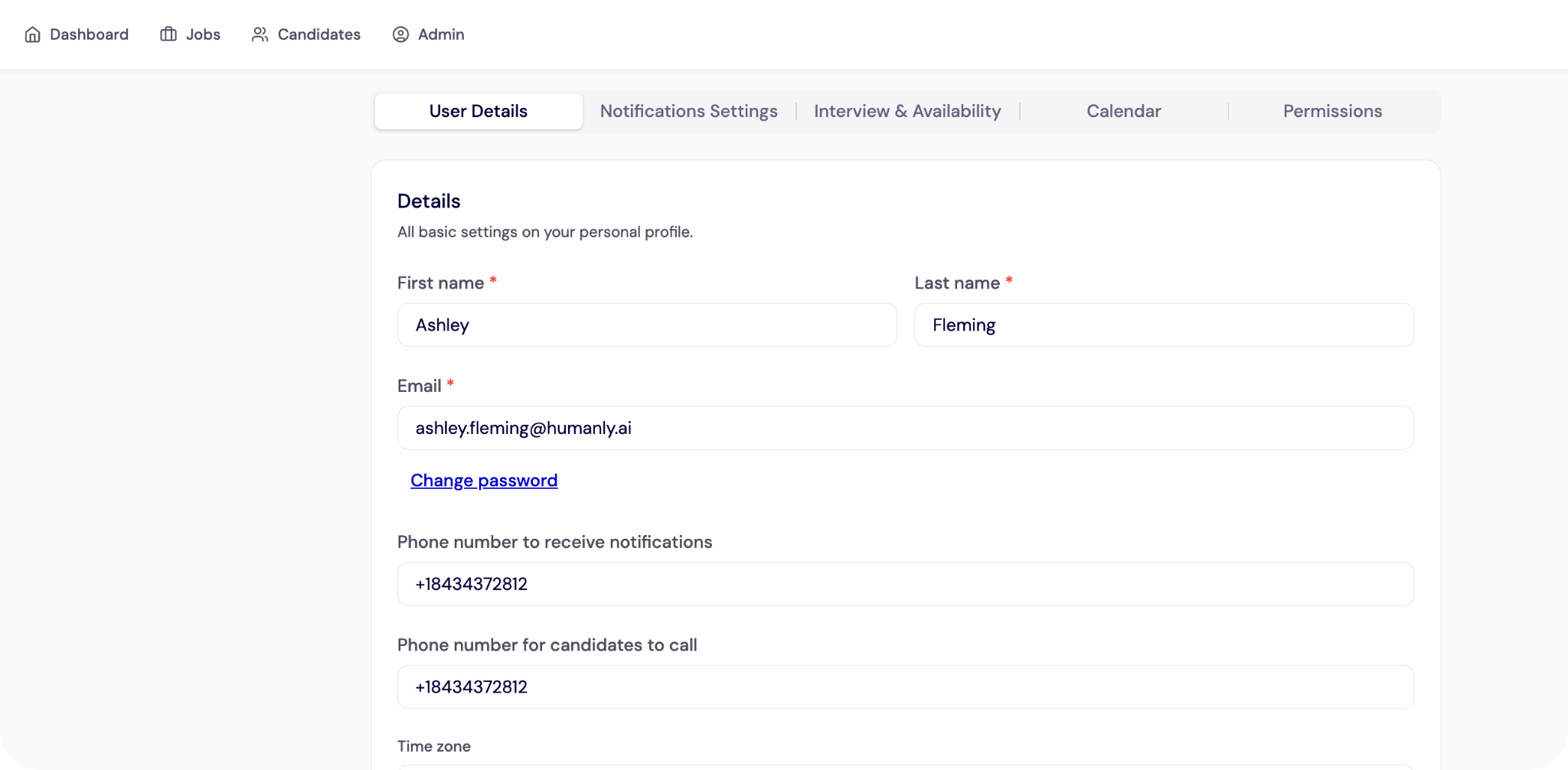 User Details / Personal Settings