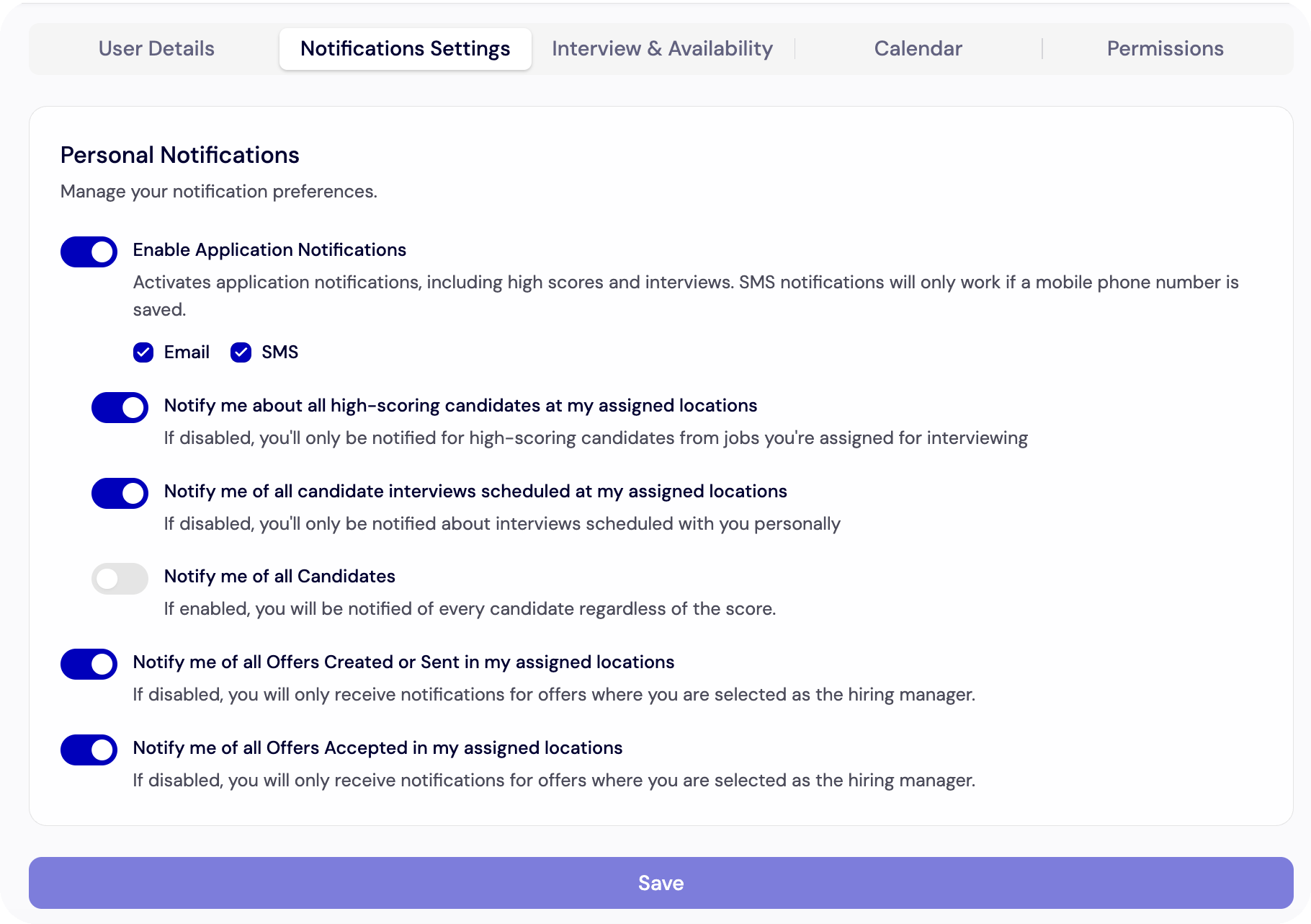 Notification Settings / Personal Notifications