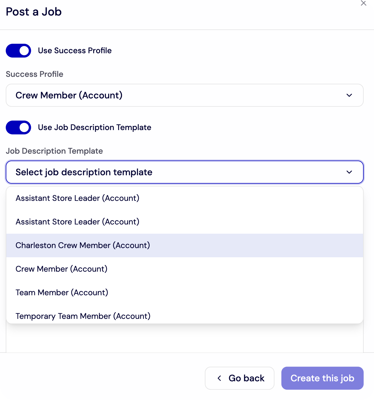 Post Job Description Template Dropdown