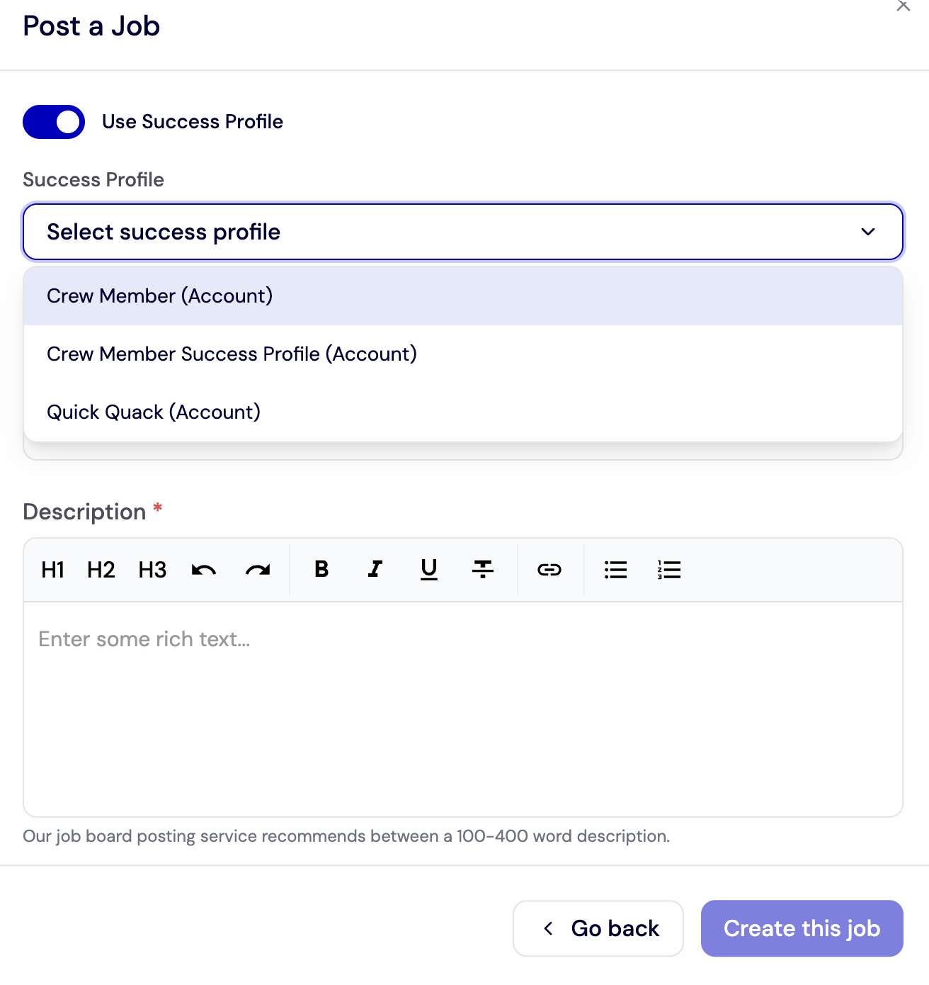 Post Job Success Profile Dropdown