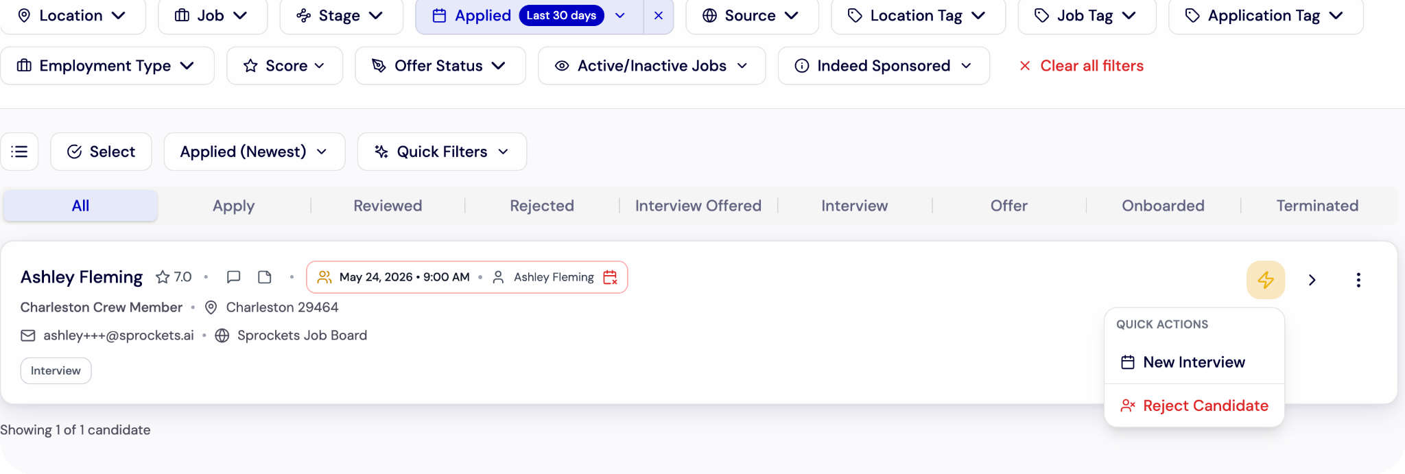 Candidate Quick Actions Menu: New Interview
