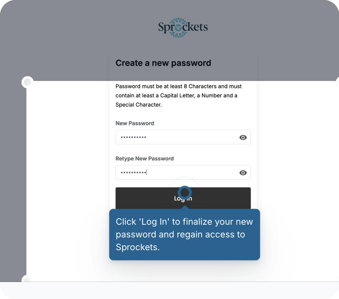 Create new password page with Log In button