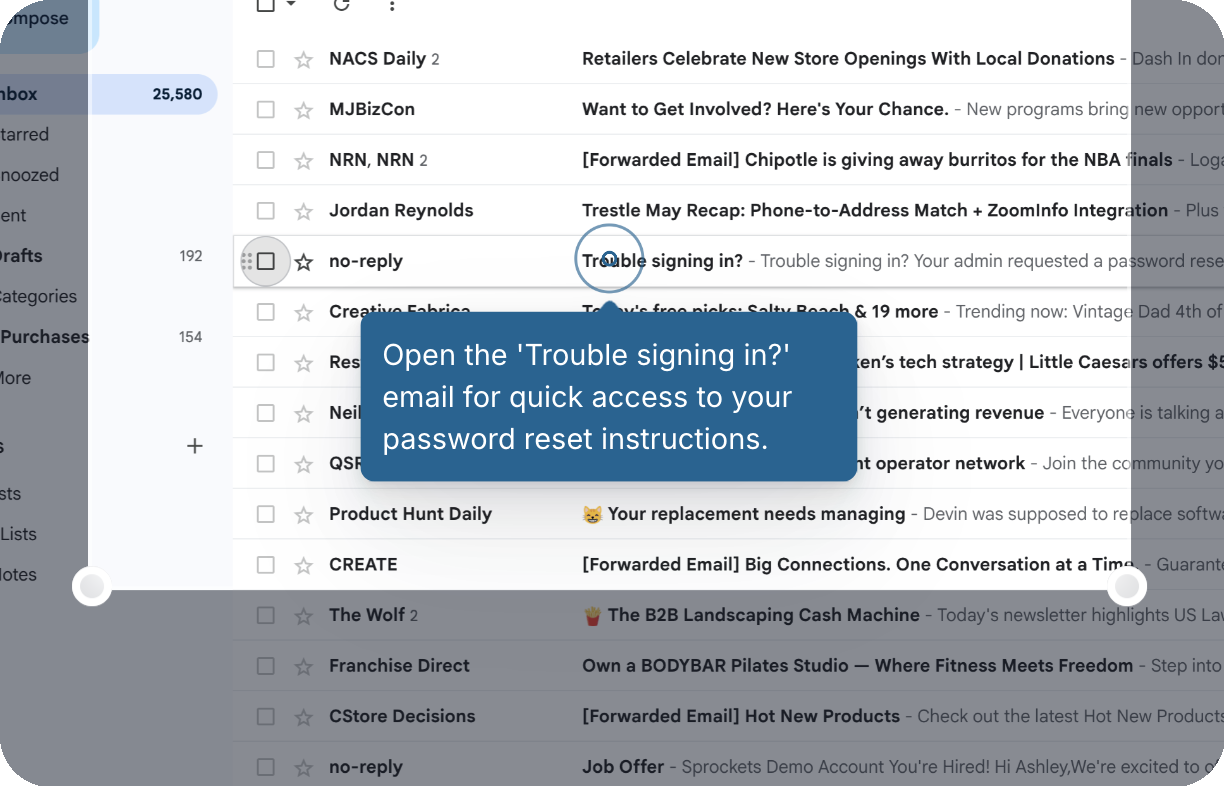 Gmail inbox showing the Sprockets password reset email