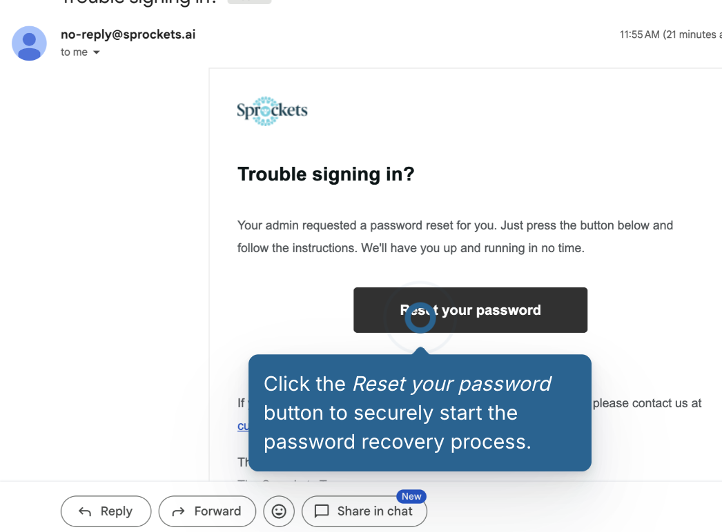 Password reset email with Reset your password button